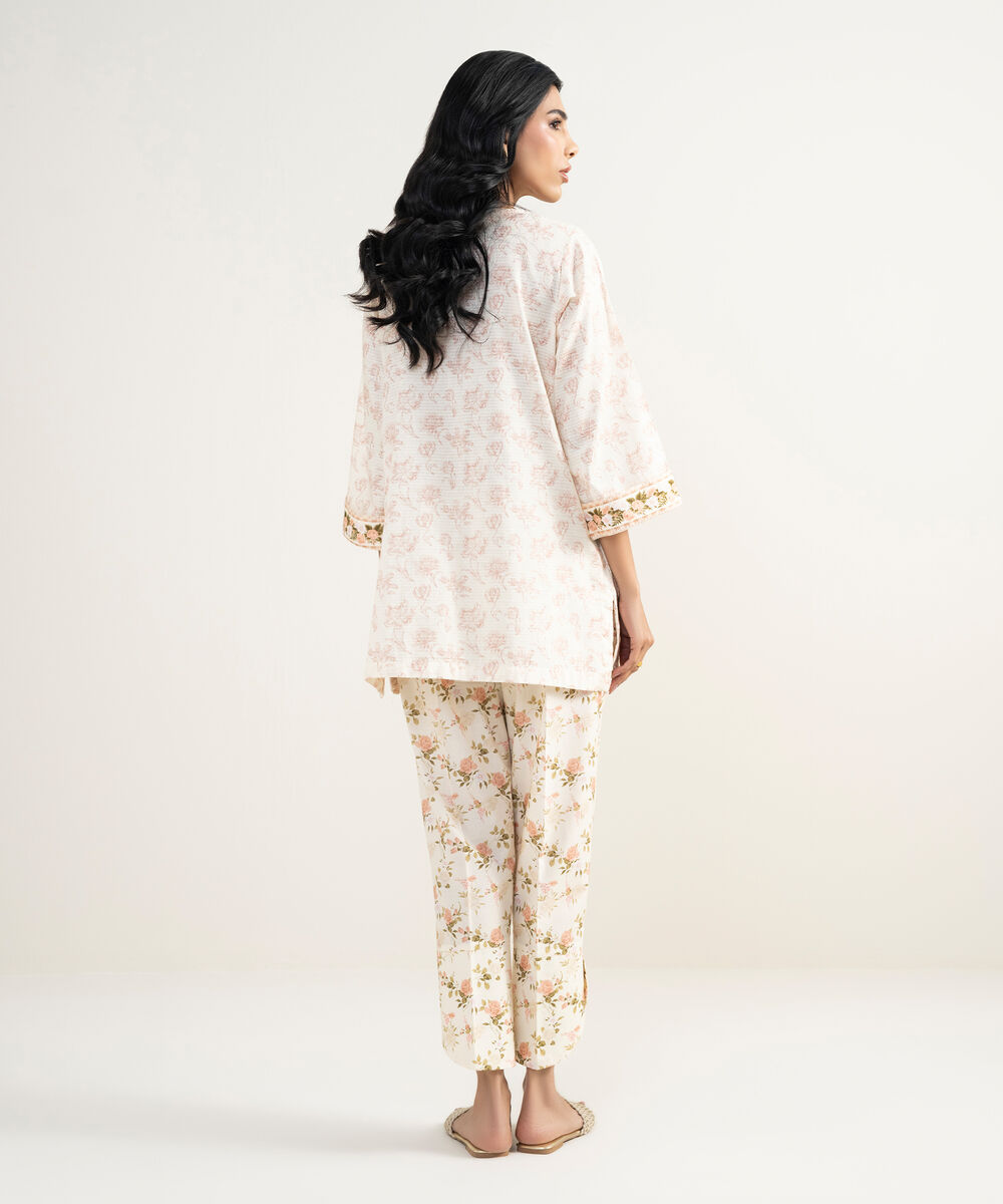 Women's RTW Dobby Embroidered Off White Straight Shirt