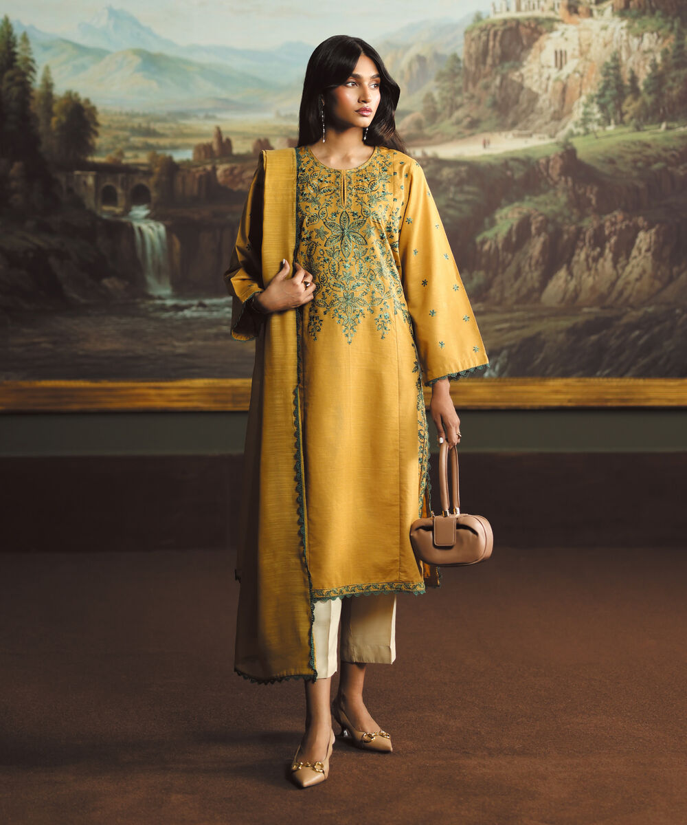 Women's RTW Light Khaddar Embroidered Yellow A-Line Shirt