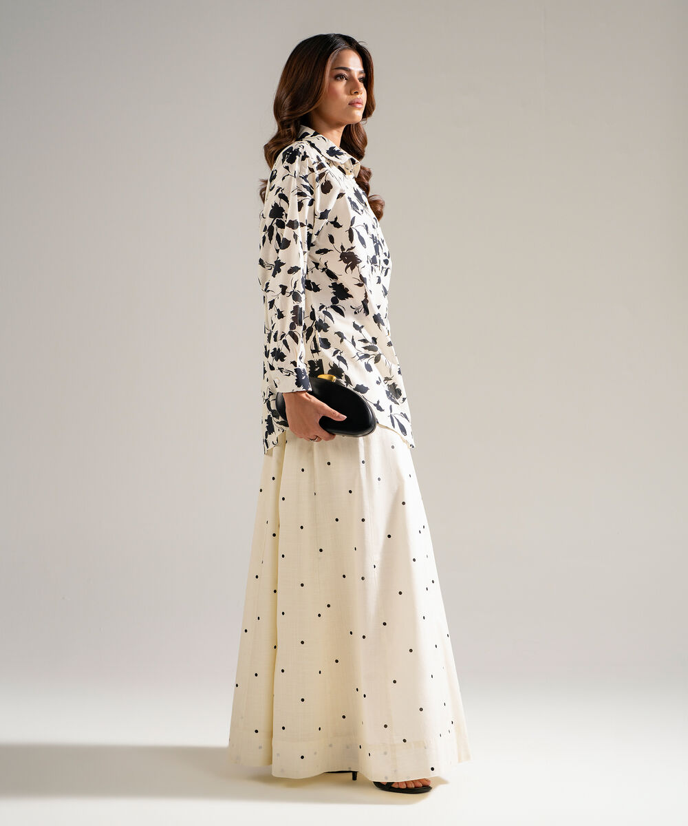 Women's RTW Slub Lawn Printed White Boxy Shirt