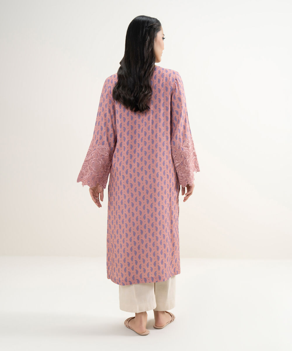 Women's RTW Viscose Raw Silk Embroidered Pink Straight Shirt
