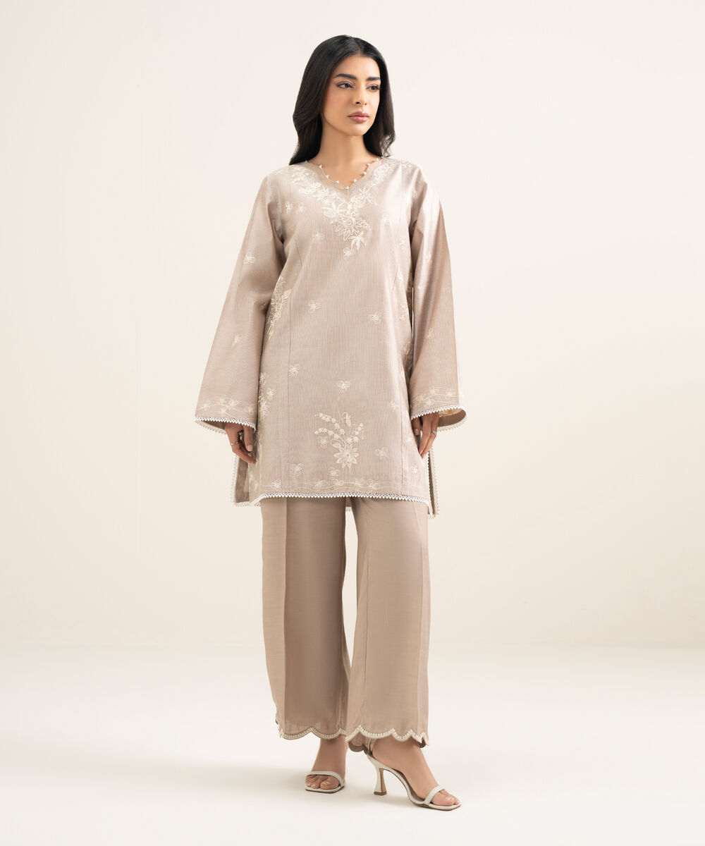 Women's RTW Silk Cotton Net Embroidered Beige 2 Piece Suit