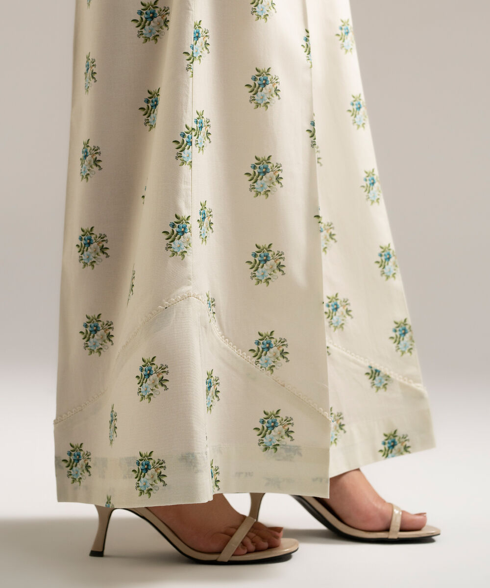Women's RTW Cambric Printed Off White Flared Pants