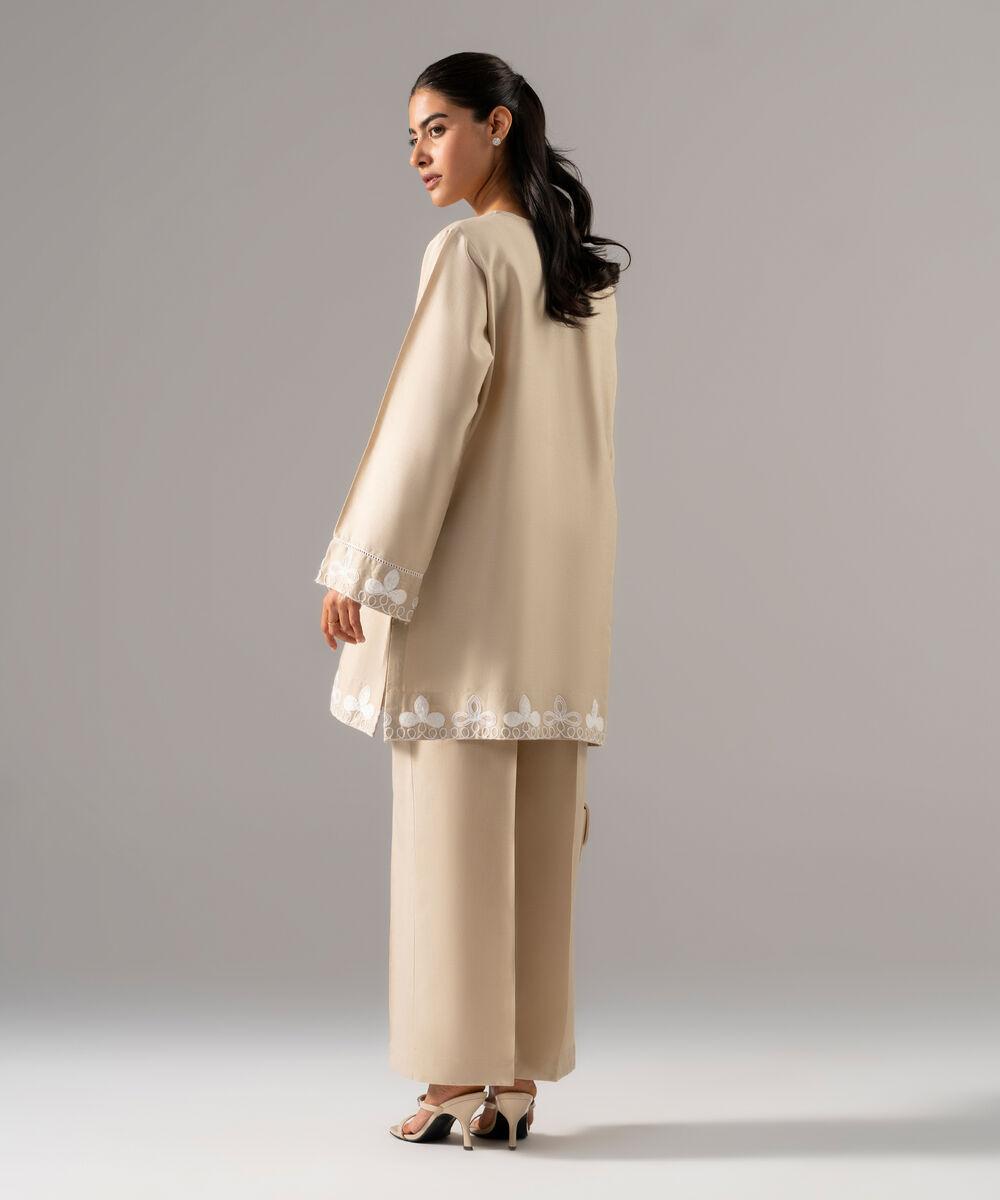 Women's RTW Cotton Linen Embroidered Sand 2 Piece Suit