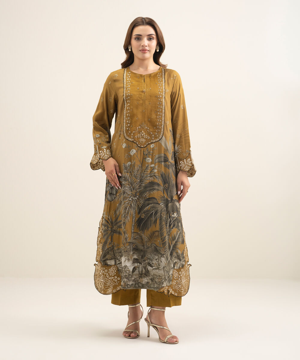 Women's RTW Viscose Raw Silk Embroidered Brown 2 Piece Suit