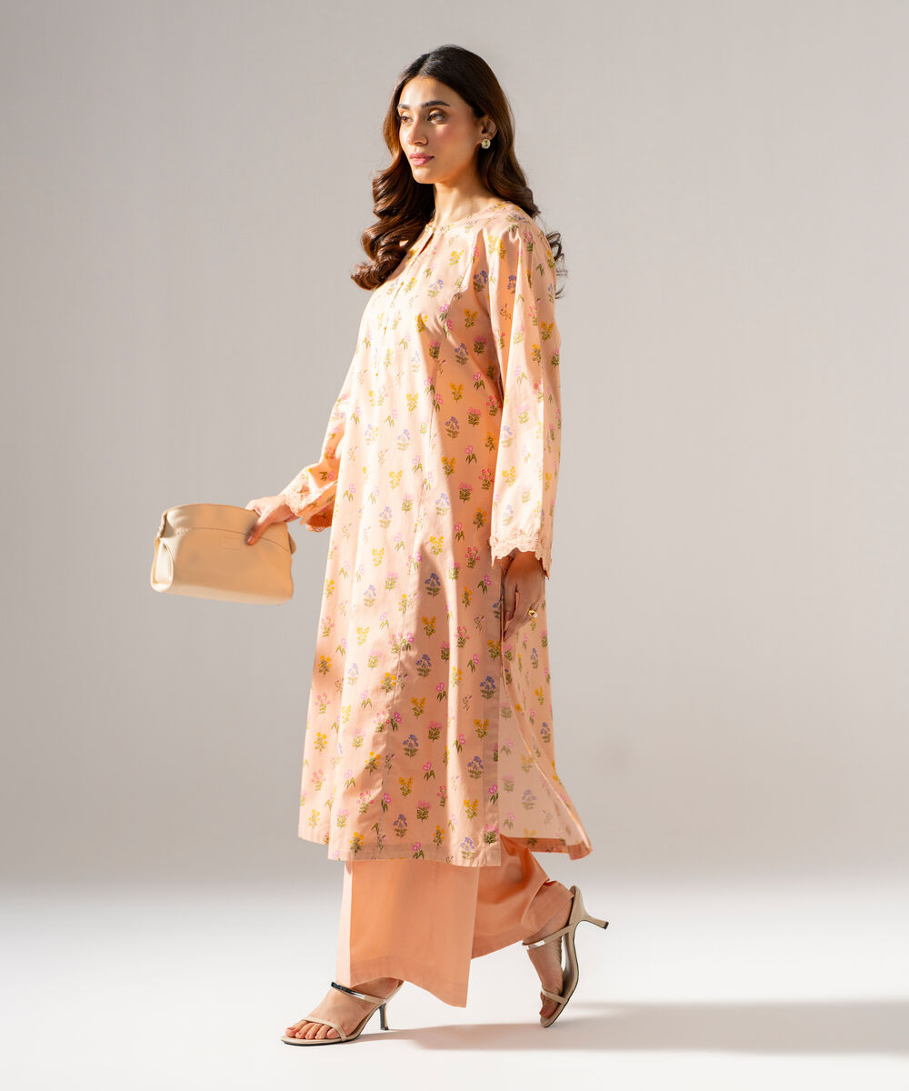 Women's RTW Printed Regular Khaddar Peach Shirt and Trousers