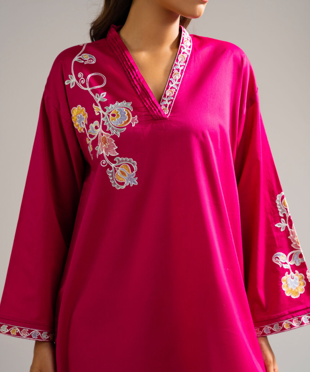 Women's RTW Dobby Embroidered Pink Drop Shoulder Shirt