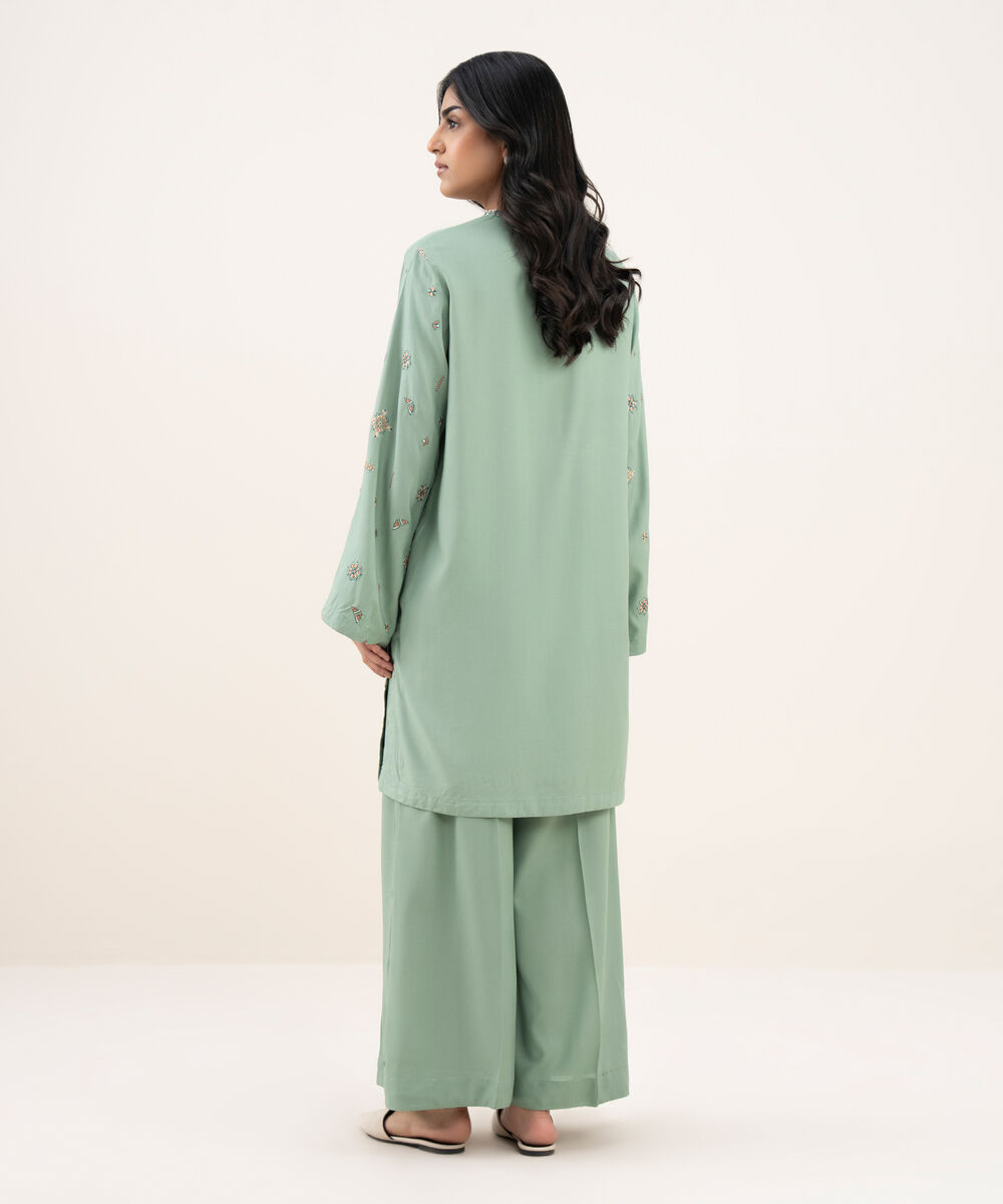 Women's RTW Khaddar Embroidered Straight Blue Shirt
