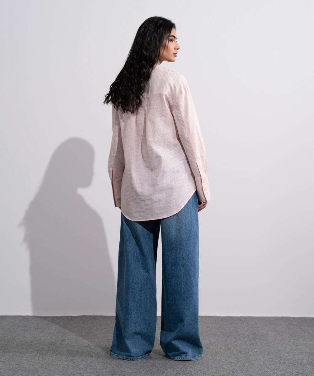 Women's Pink Textured Shirt With Yoke Detail