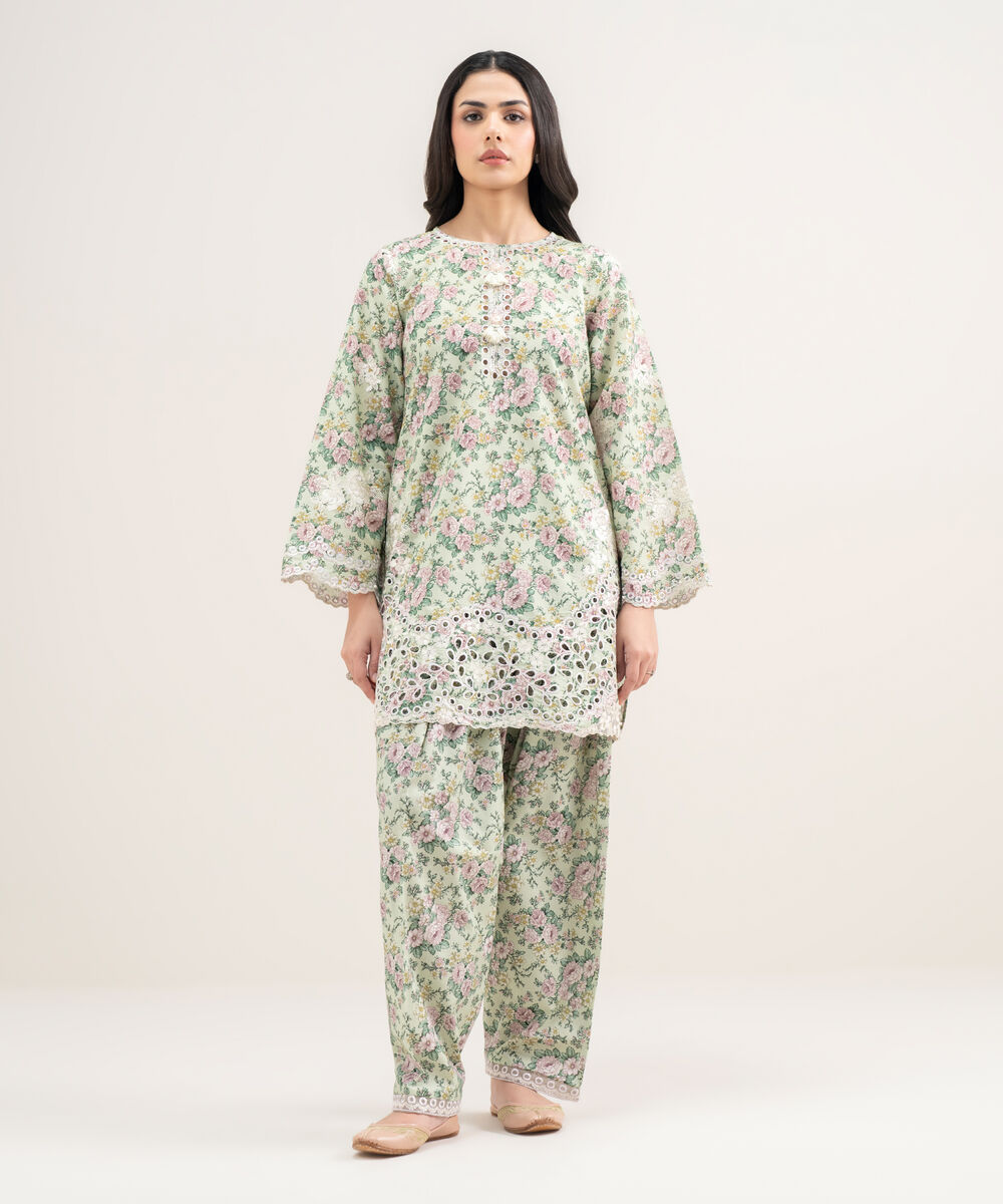 Women's RTW Zari Cotton Embroidered Green Straight Shirt