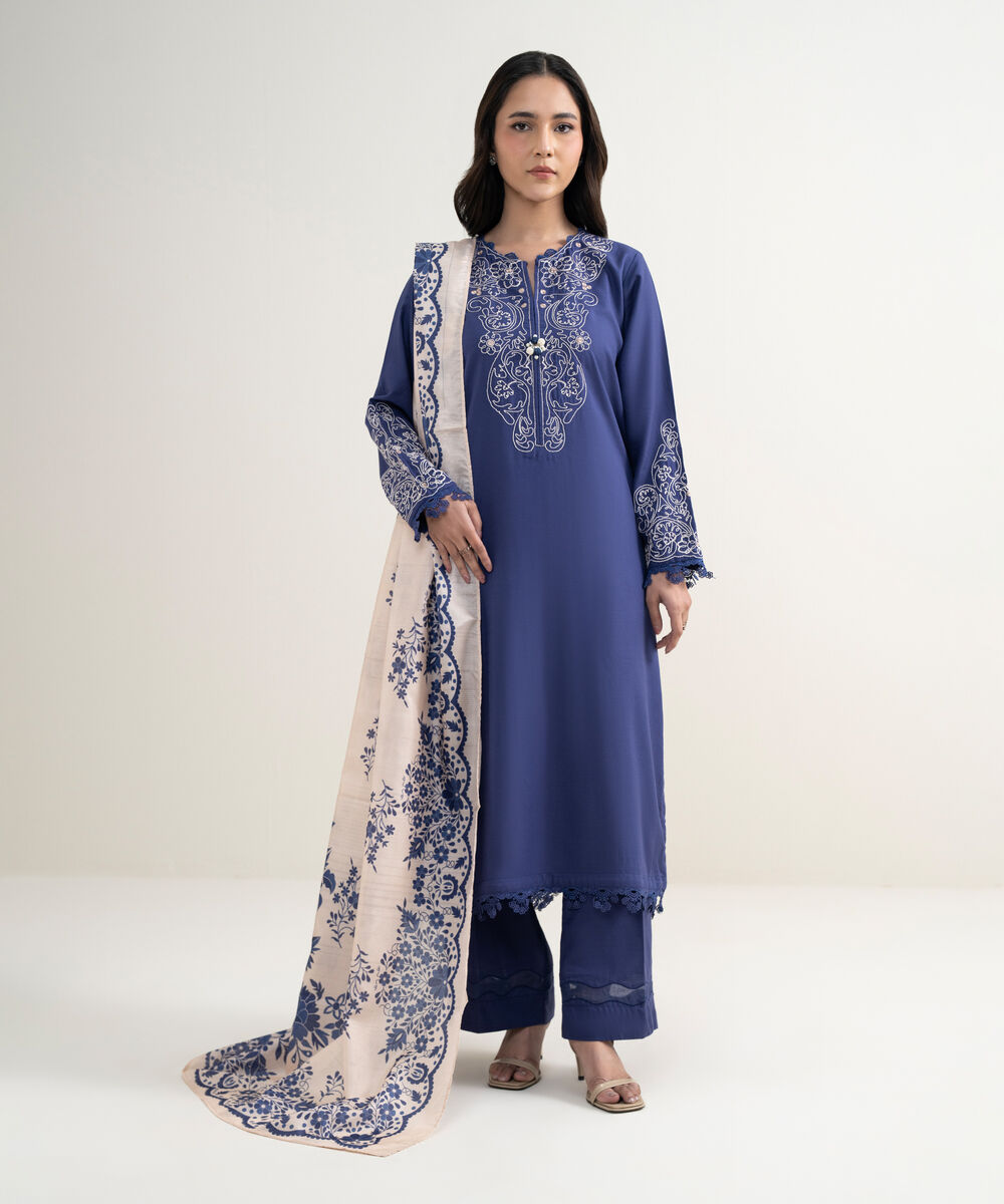 Women's RTW Raw Silk Viscose Embroidered Purple 3 Piece Suit