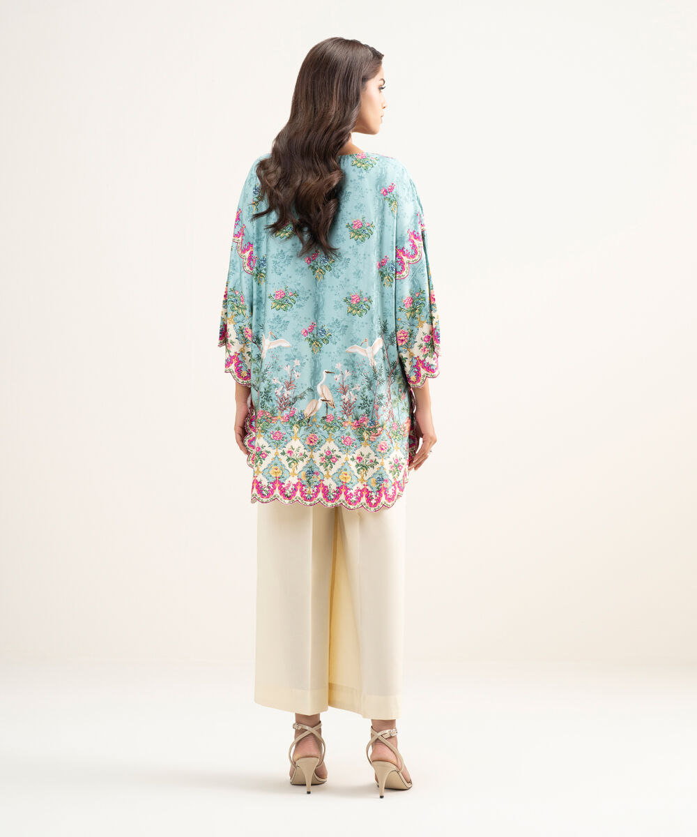 Women's RTW Premium Visocose Satin Printed Blue Drop Shoulder Shirt