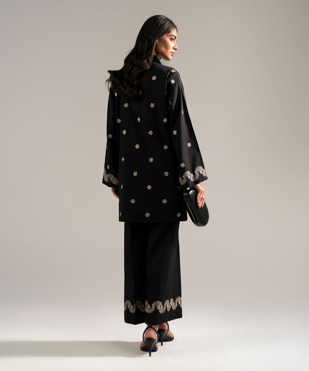 Women's RTW Self Jacquard Embroidered Black 2 Piece Suit