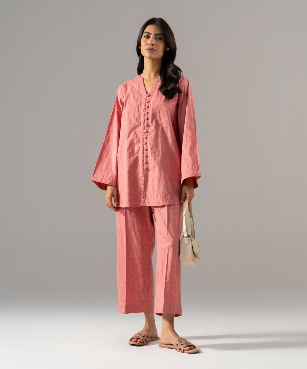 Women's RTW Textured Cotton Solid Pink 2 Piece Suit