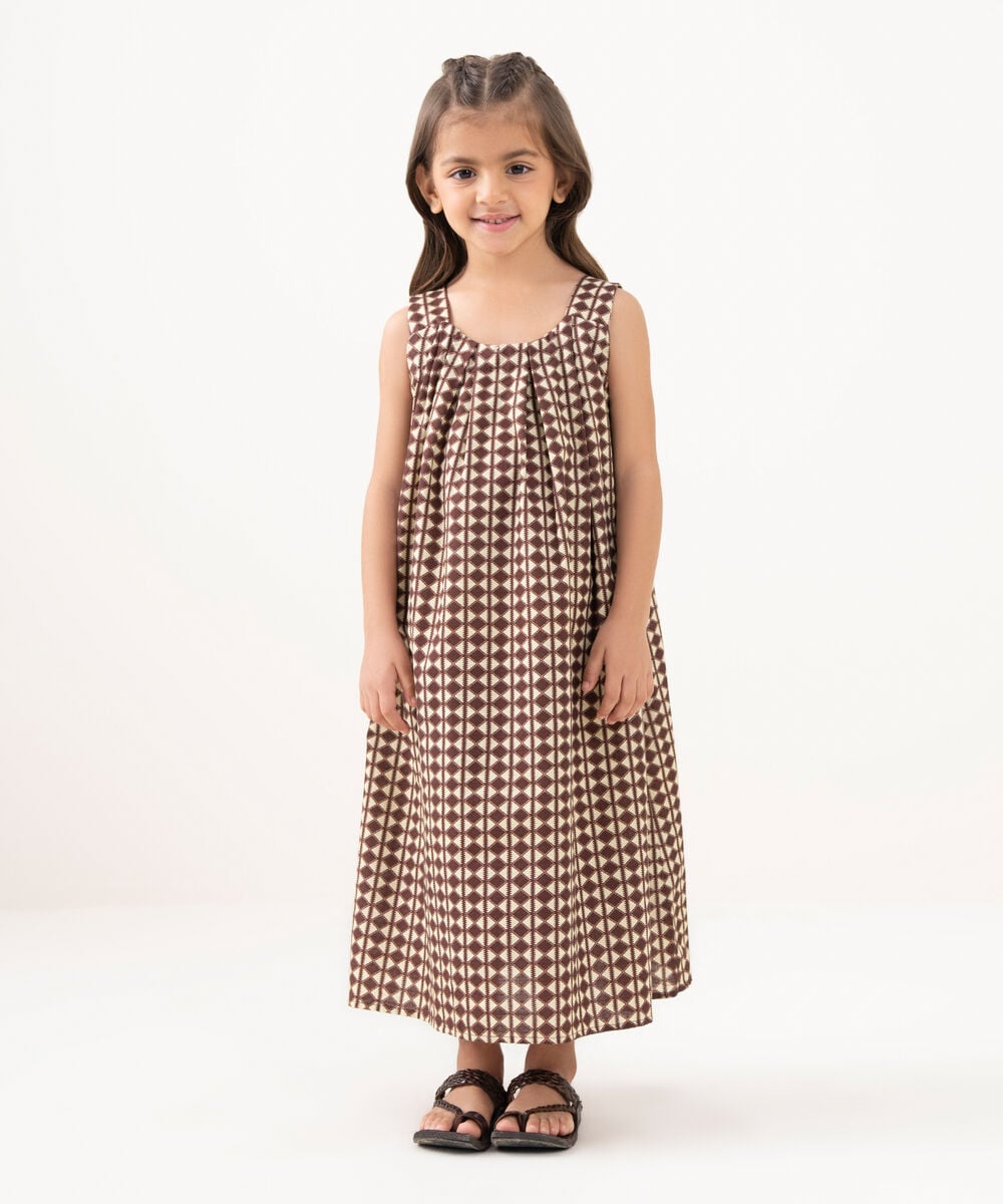 Girl's Light Khaddar Printed Brown A-Line Shirt
