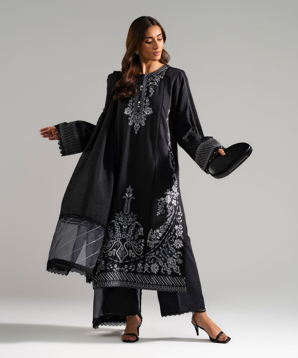 Women's RTW Textured Viscose Embroidered Black 3 Piece Suit