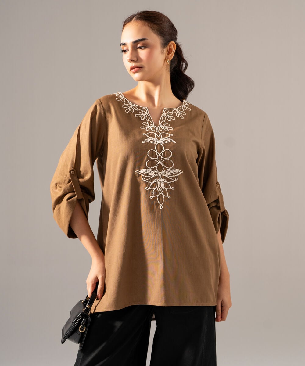 Women's RTW Khaddar Solid Embroidered Olive Green Drop Shoulder Shirt