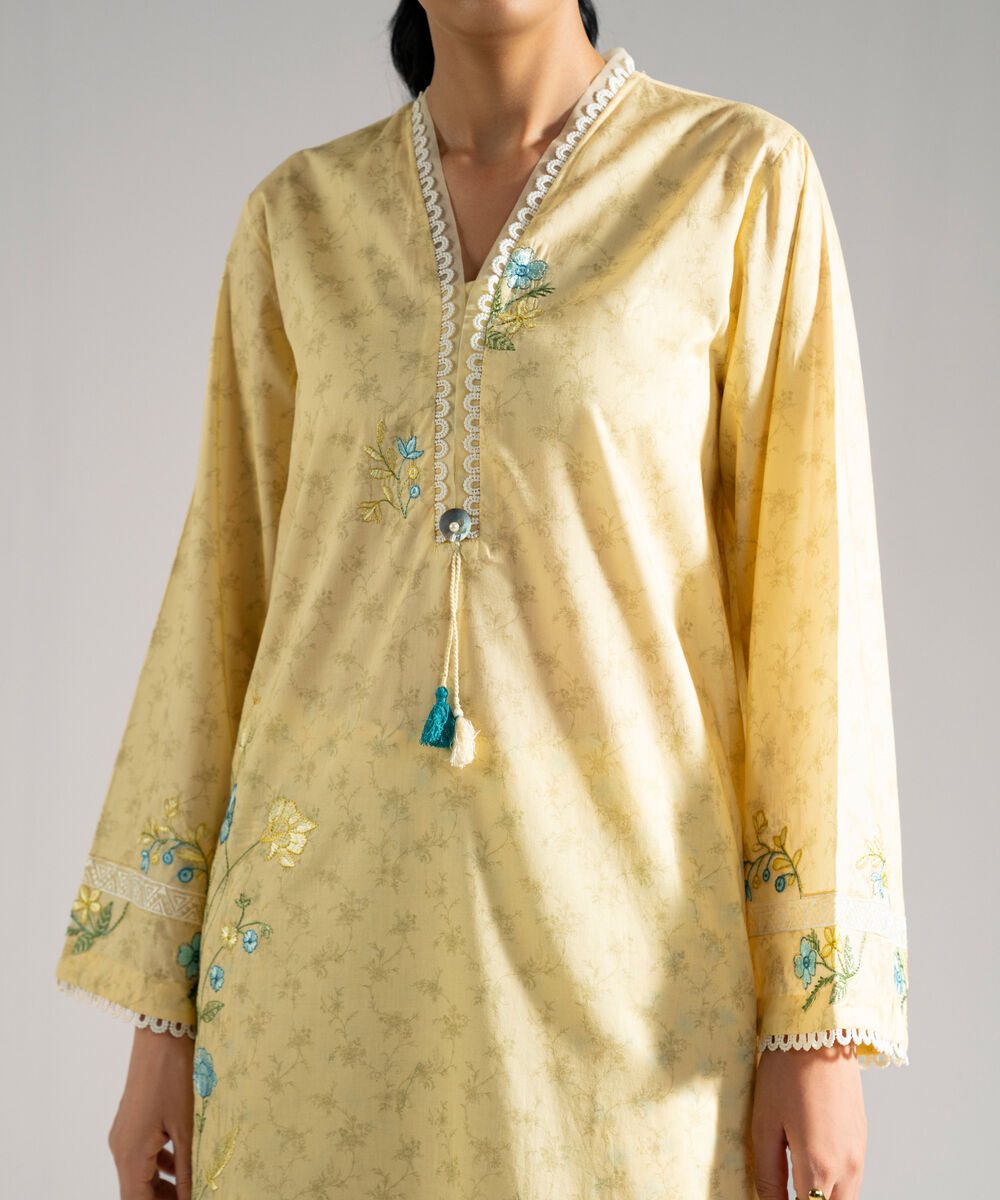 Women's RTW Lawn Embroidered Pale Yellow A-Line Shirt