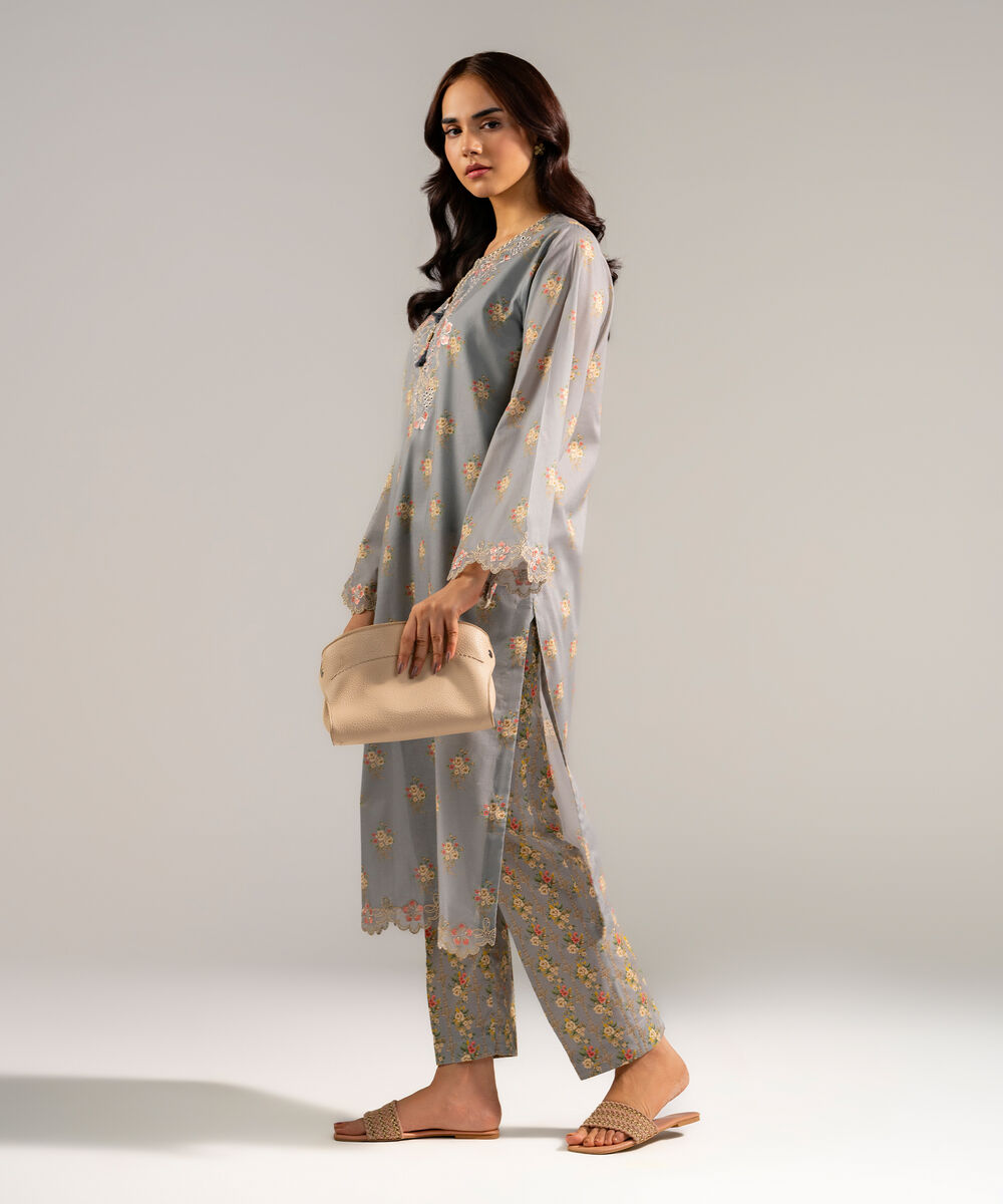 Women's RTW Lawn Embroidered Grey Straight Shirt