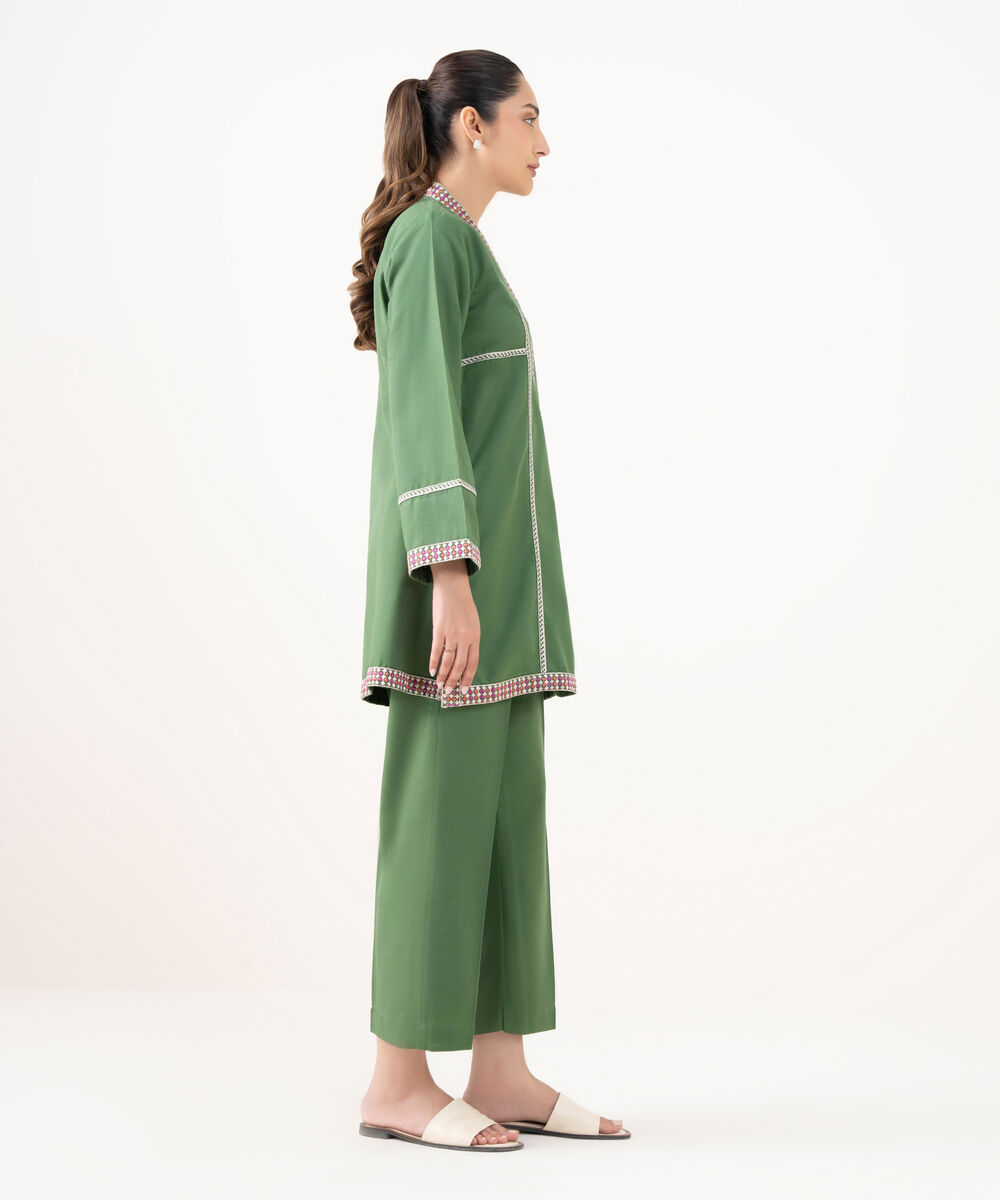Women's RTW Light Khaddar Embroidered Green Straight Shirt