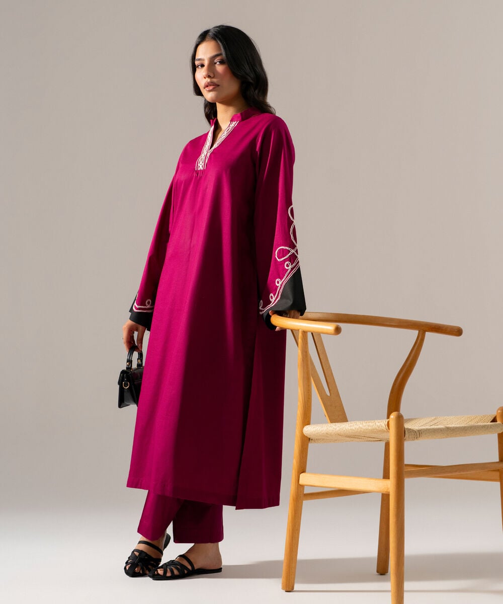 Women's RTW Cross Hatch Solid Embroidered Maroon Straight Shirt
