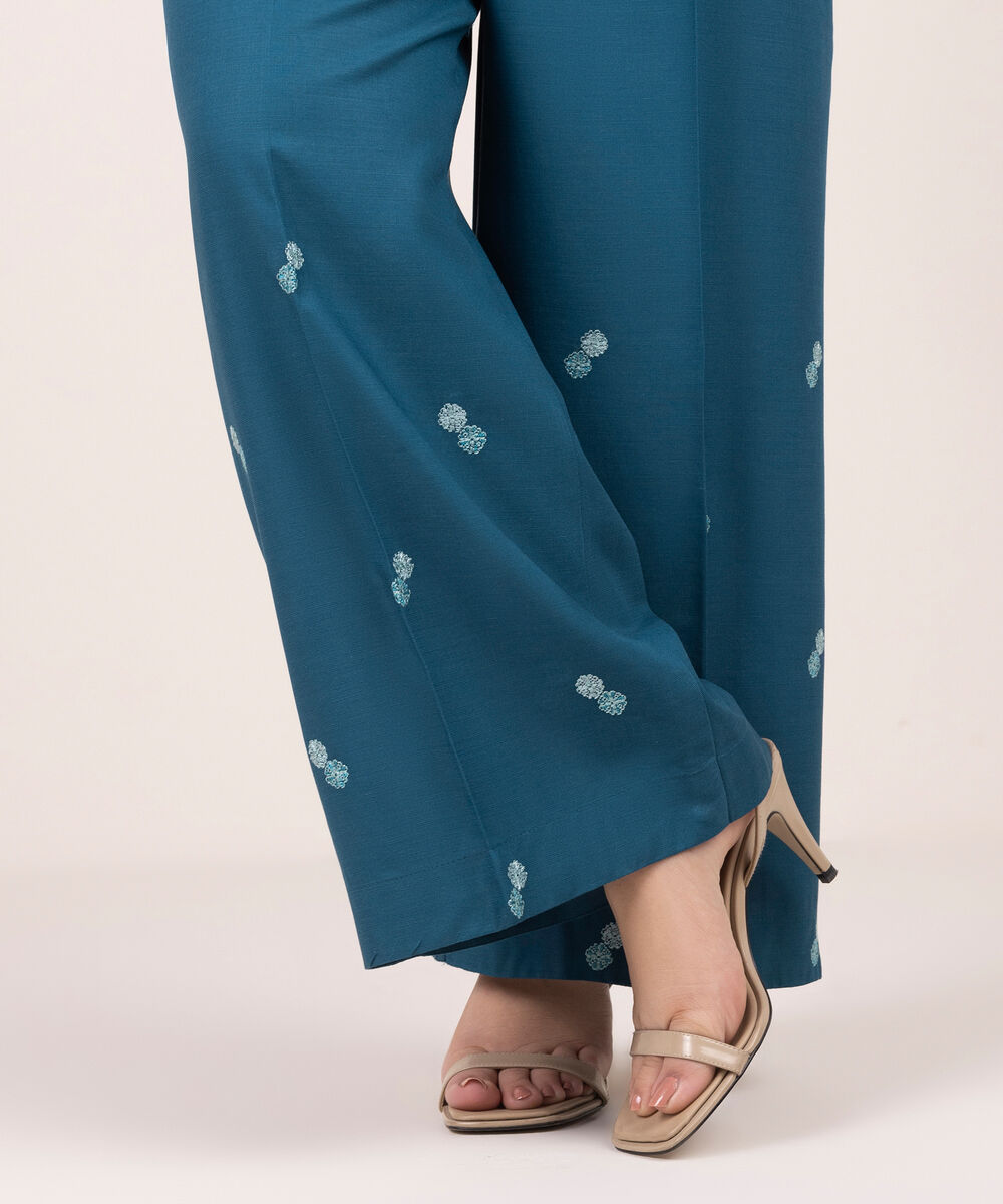 Women's RTW Cotton Viscose Embroidered Blue Culottes