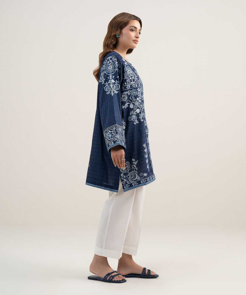 Women's RTW Dobby Embroidered Dark Blue Straight Shirt