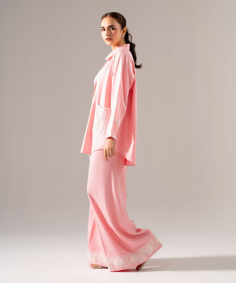 Women's RTW Viscose Marina Solid Embroidered Pink Drop Shoulder Shirt