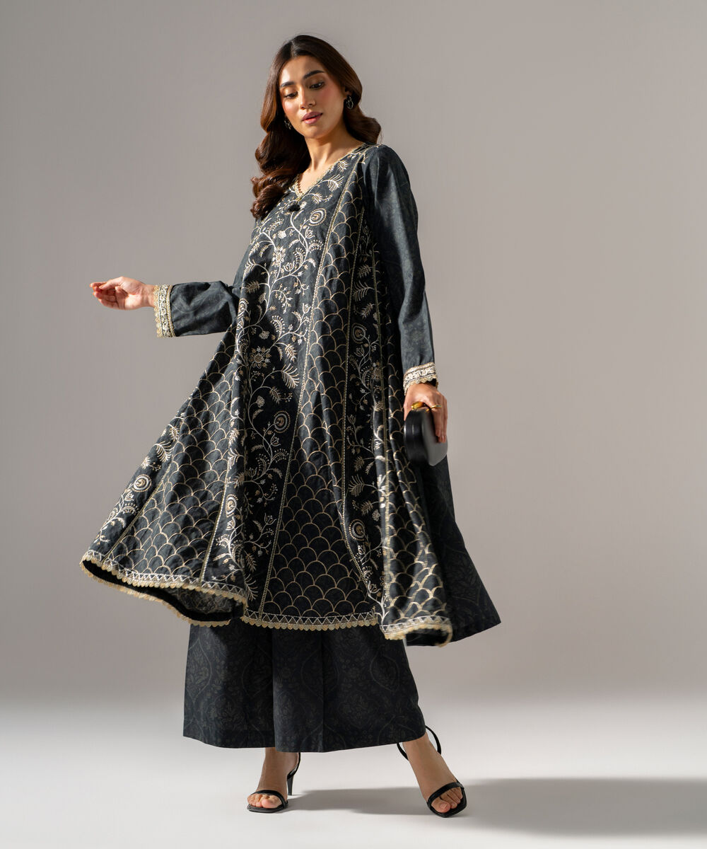 Women's RTW khaddar Printed Embroidered Black 2 Piece Suit