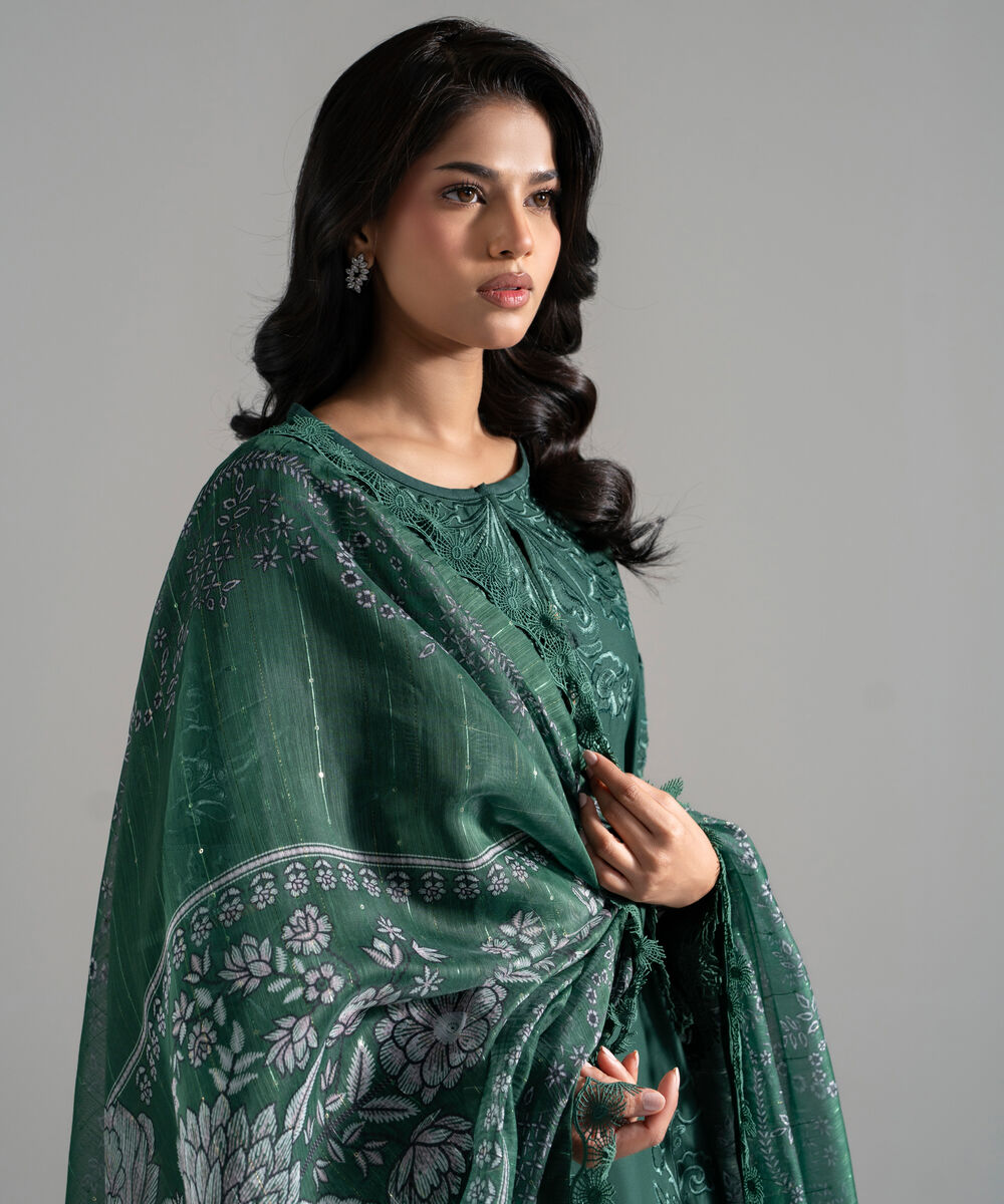 Women's RTW Lawn Embroidered Green 3 Piece Suit