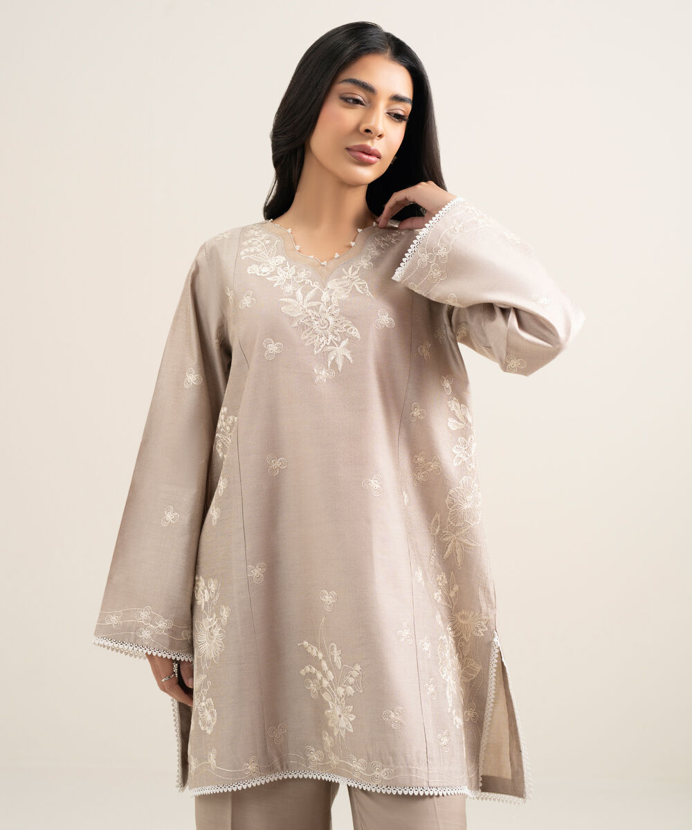 Women's RTW Silk Cotton Net Embroidered Beige 2 Piece Suit