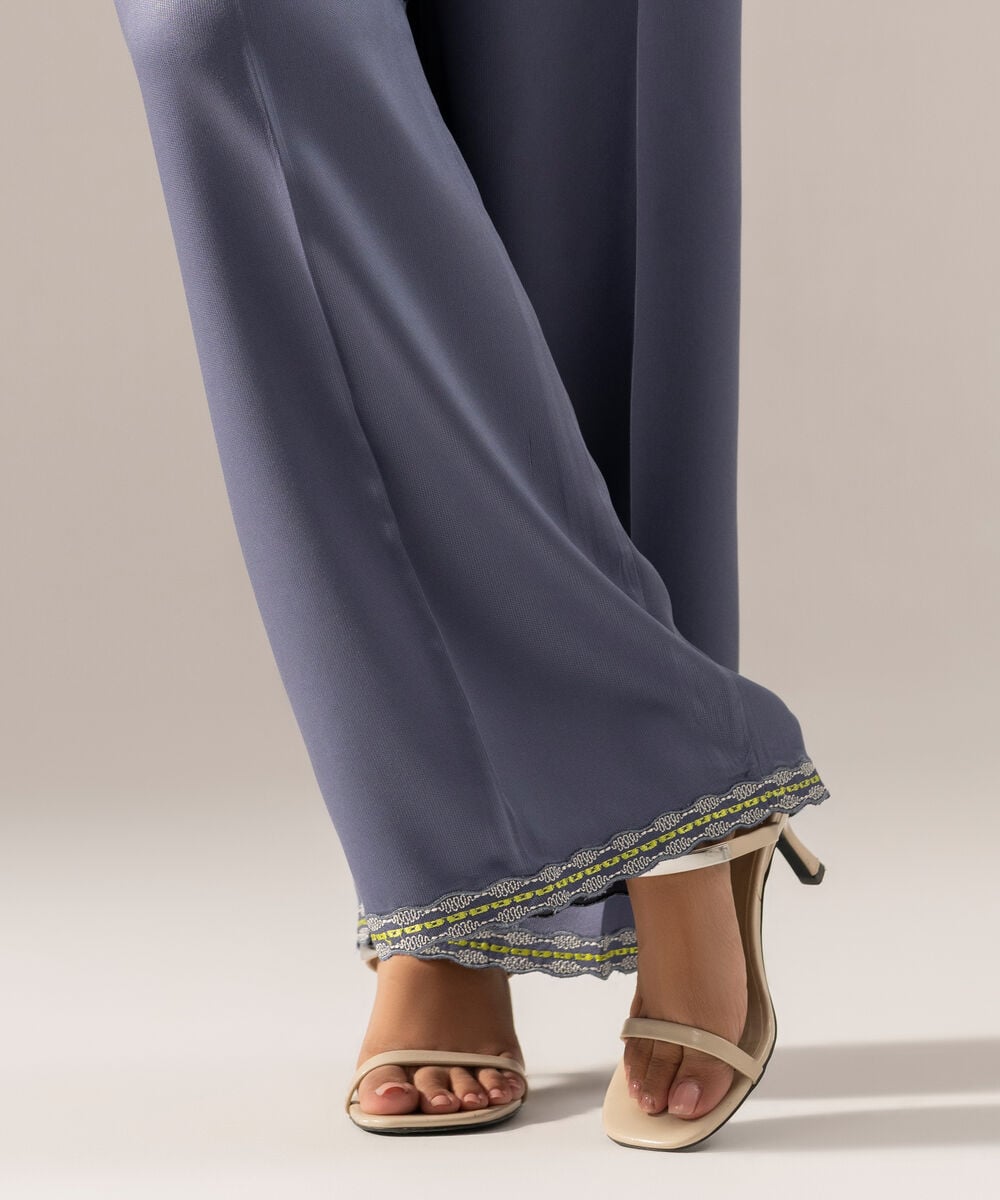 Women's RTW Solid Embroidered Blue Bedford Culottes