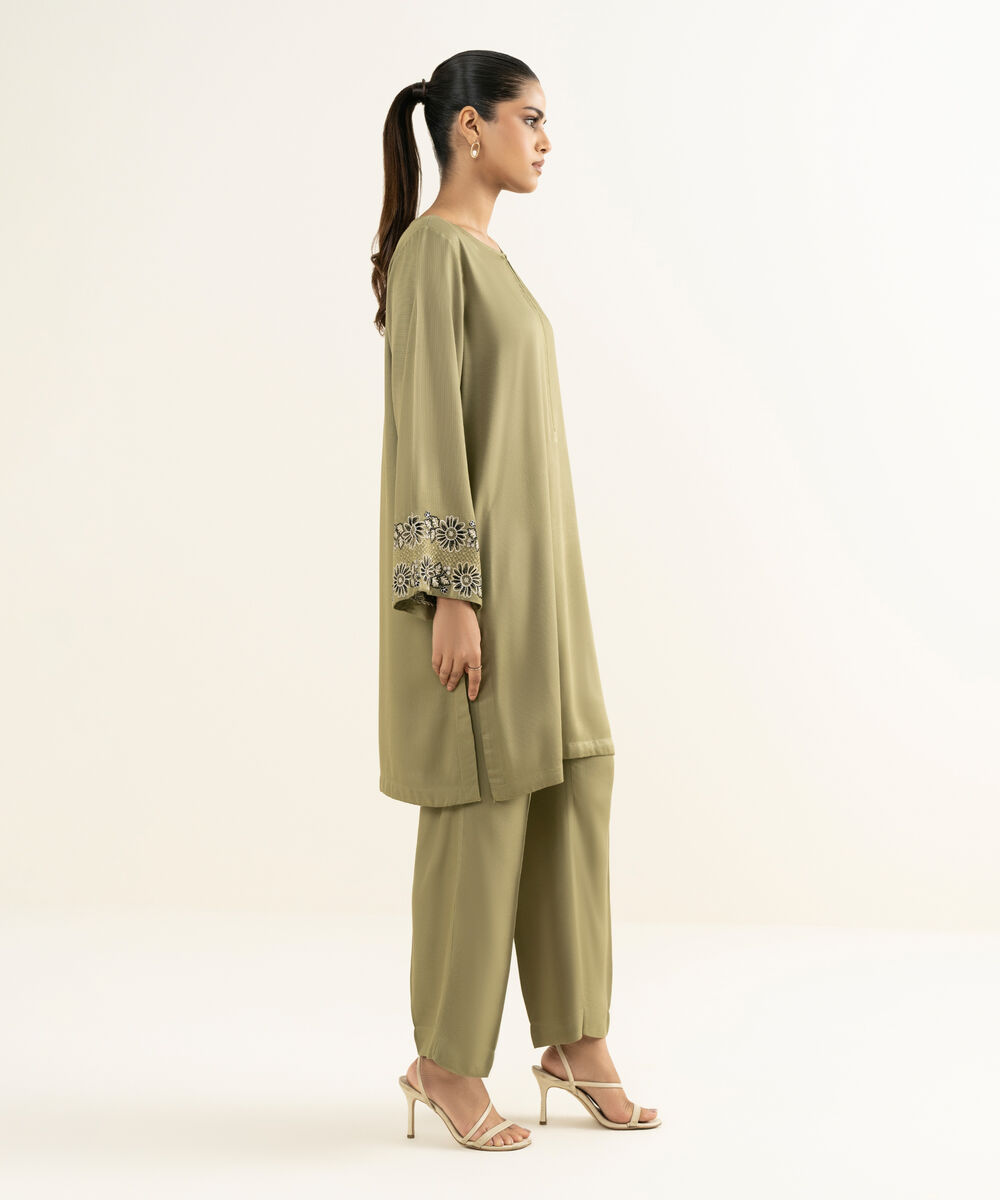 Women's RTW Bedford  Embroidered Olive Green Straight Shirt