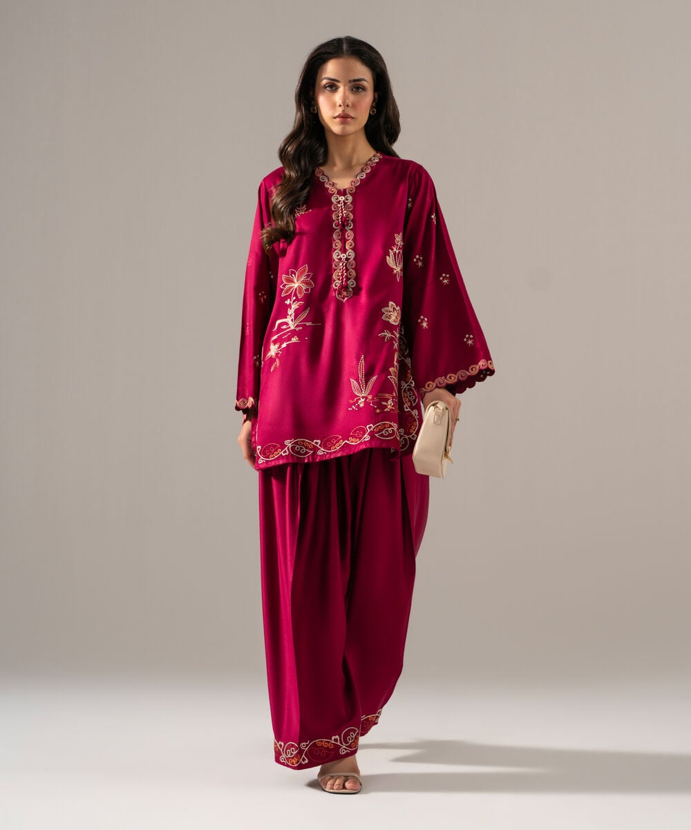 Women's RTW Bedford Solid Embroidered Plum Straight Shirt