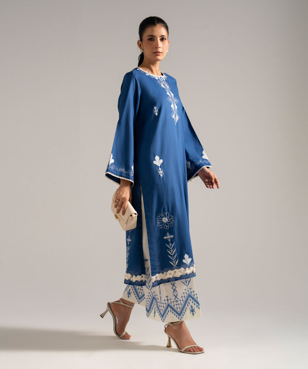 Women's RTW Dobby Embroidered Blue 2 Piece Suit