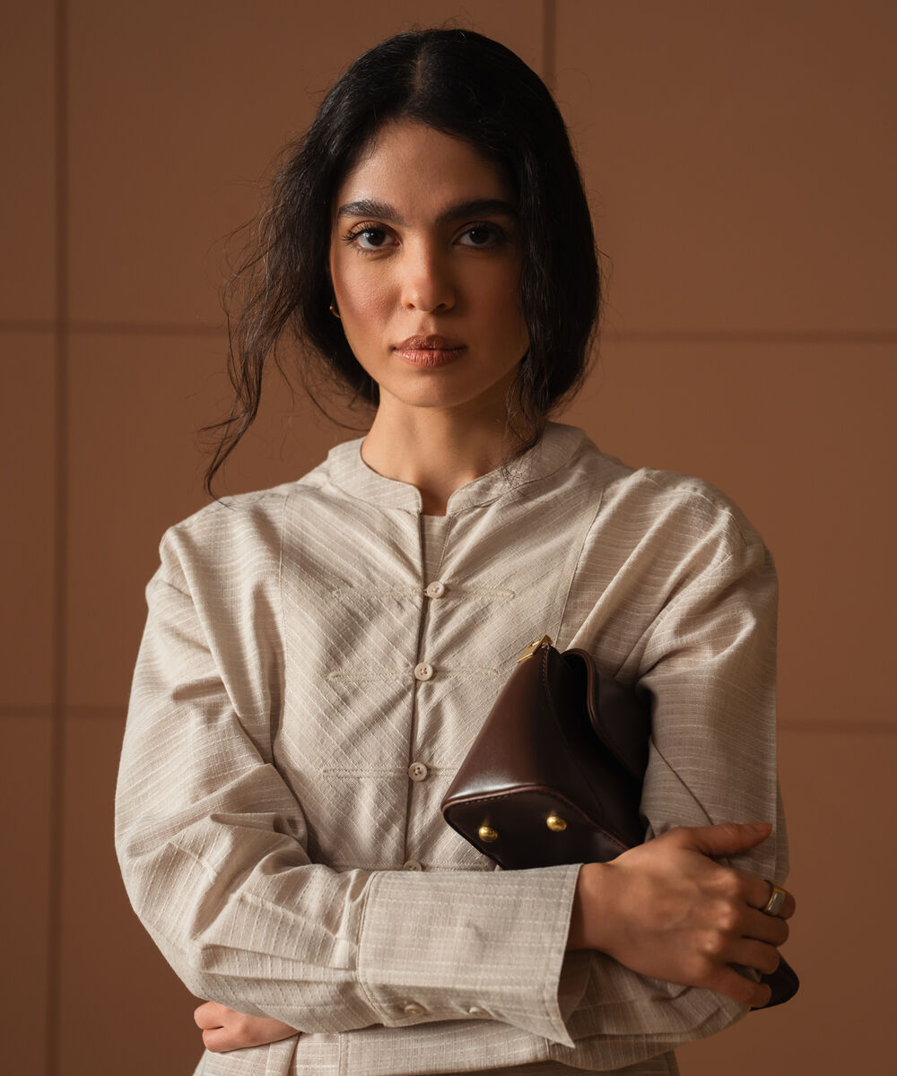 Women's Off White Textured Shirt With Yoke Detail