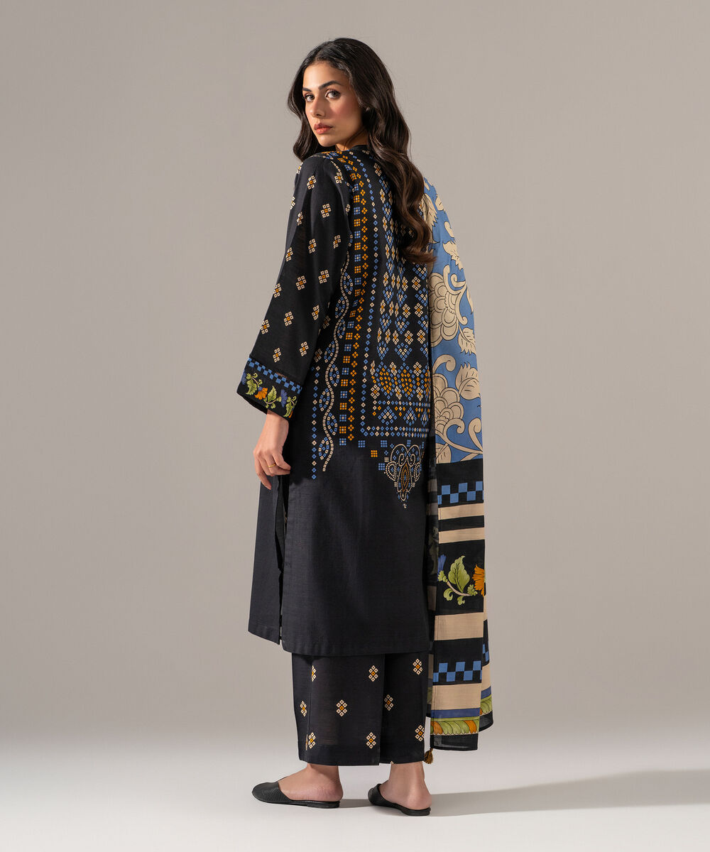Women's RTW Khaddar Printed Black 3 Piece Suit