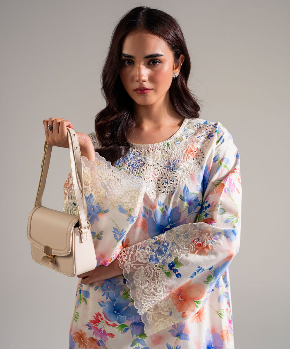 Women's RTW Lawn Embroidered Off White Drop Shoulder Shirt