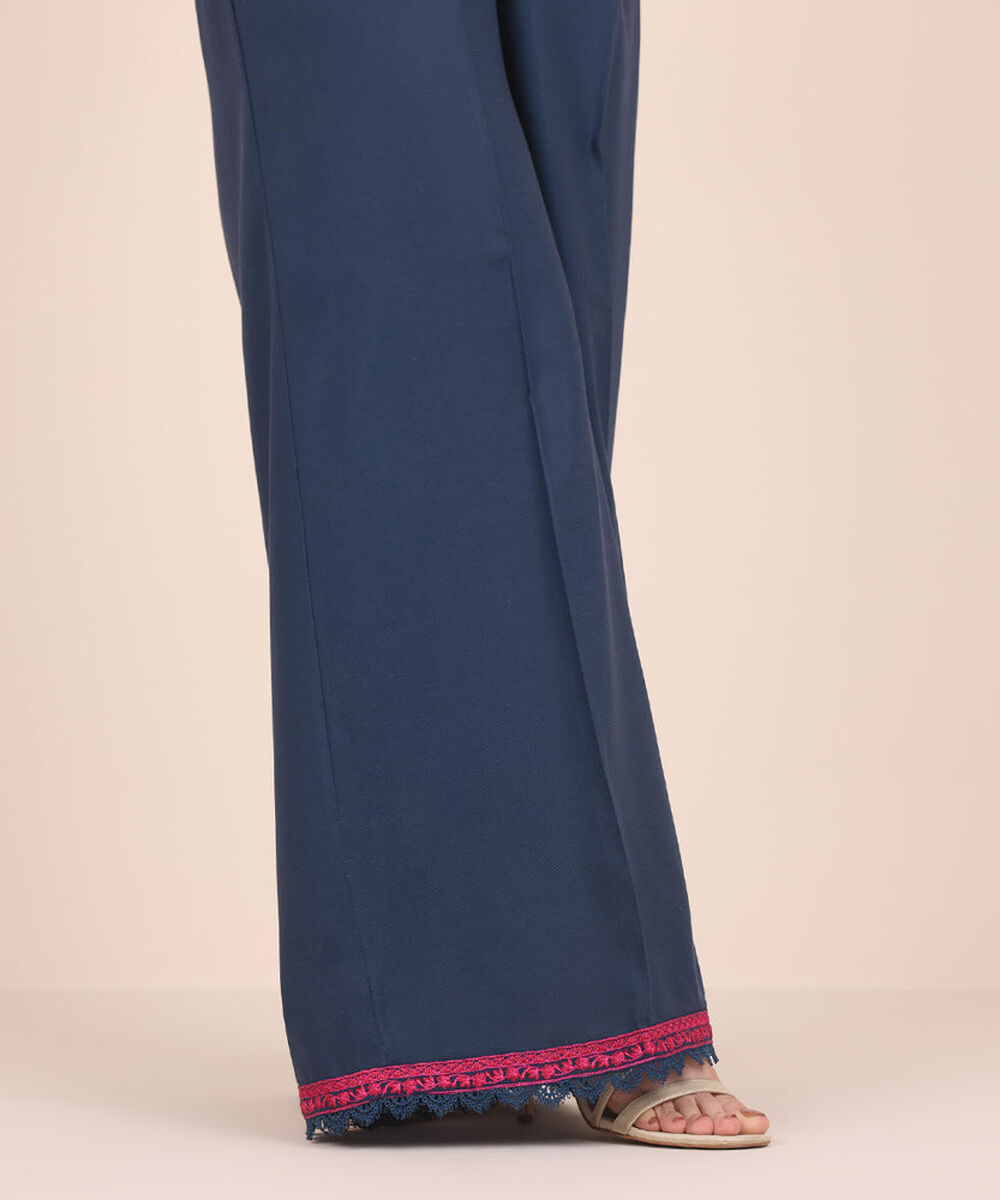 Women's Pret Solid Embroidered Navy Blue Dull Raw Silk Flared Trousers