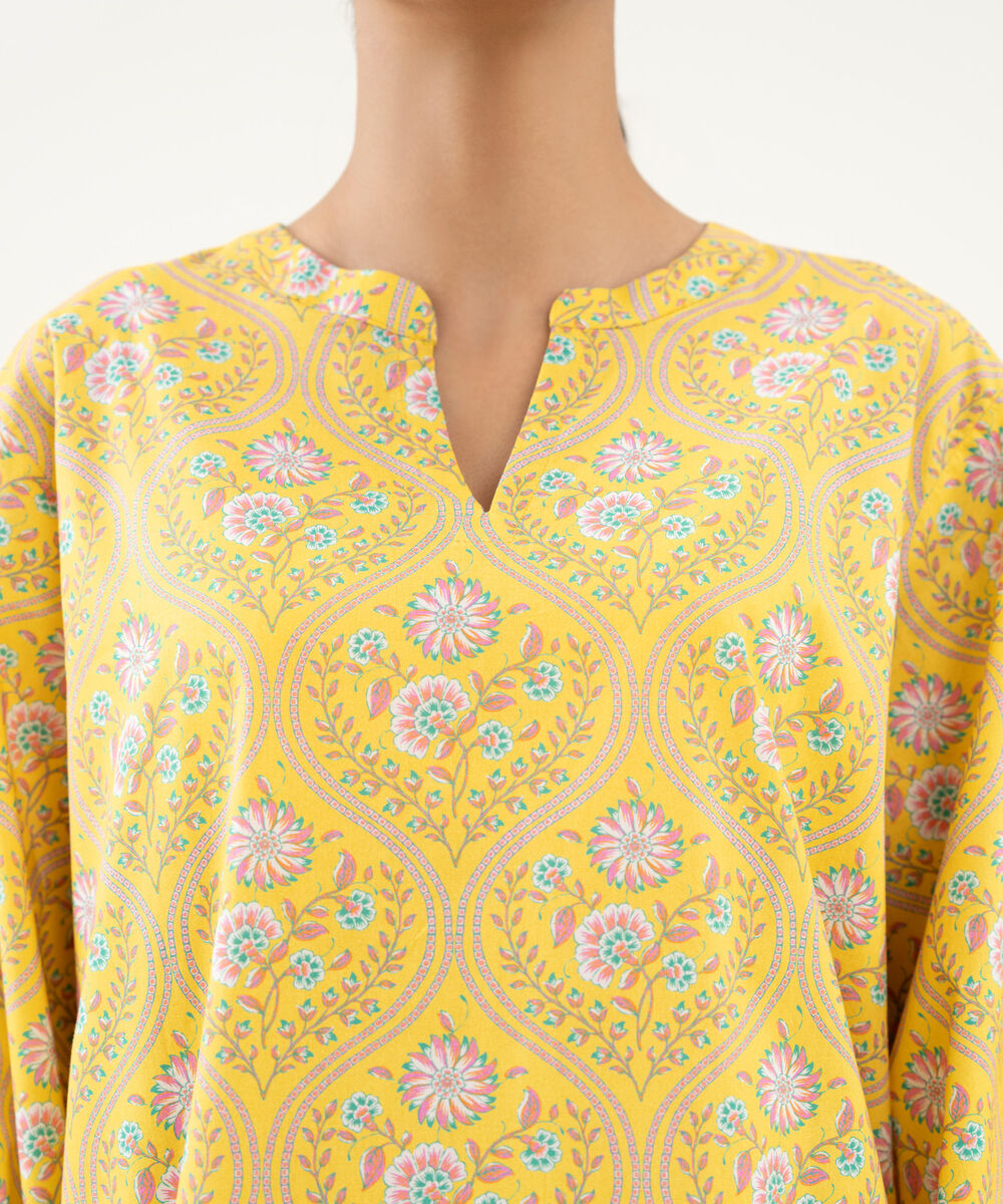Women's RTW Cambric Printed Yellow Drop Shoulder Shirt