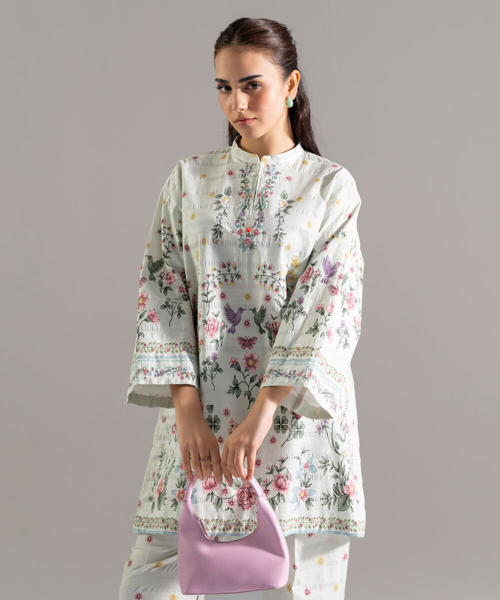 Women's RTW Seersucker Printed Green Drop Shoulder Shirt