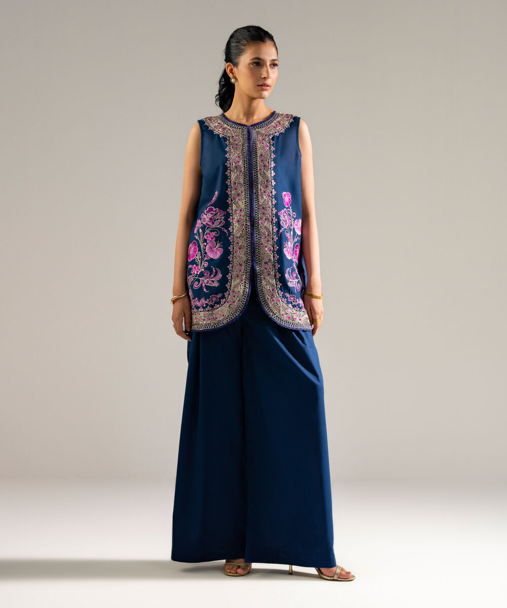 Women's RTW Dobby Embroidered Blue 2 Piece Suit