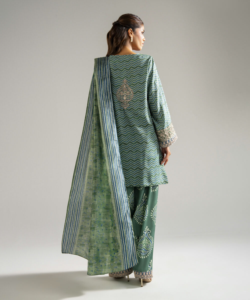 Women's RTW Raw Silk Embroidered Green 3 Piece Suit