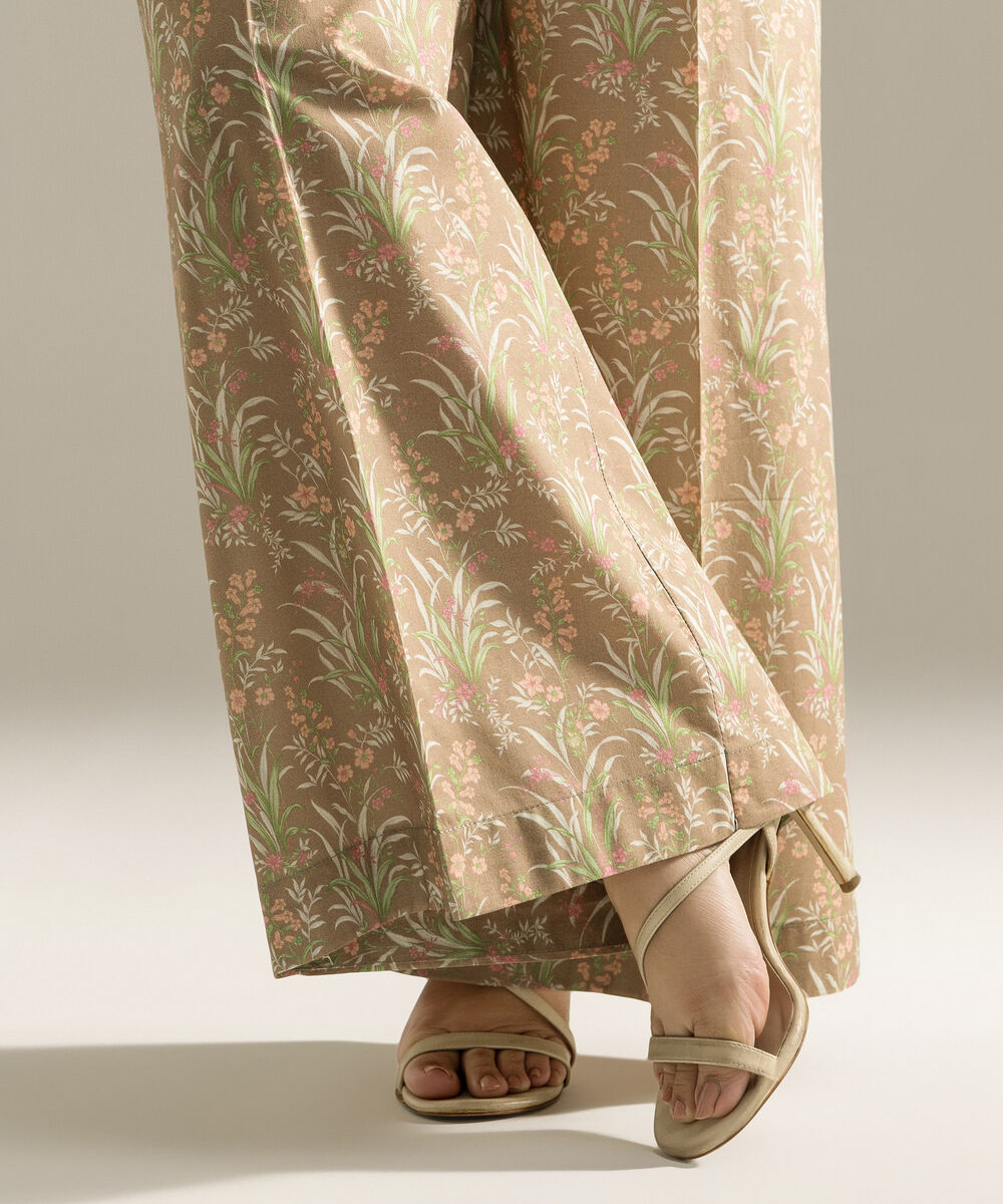 Women's RTW Cambric Printed Dark Beige Flared Pants