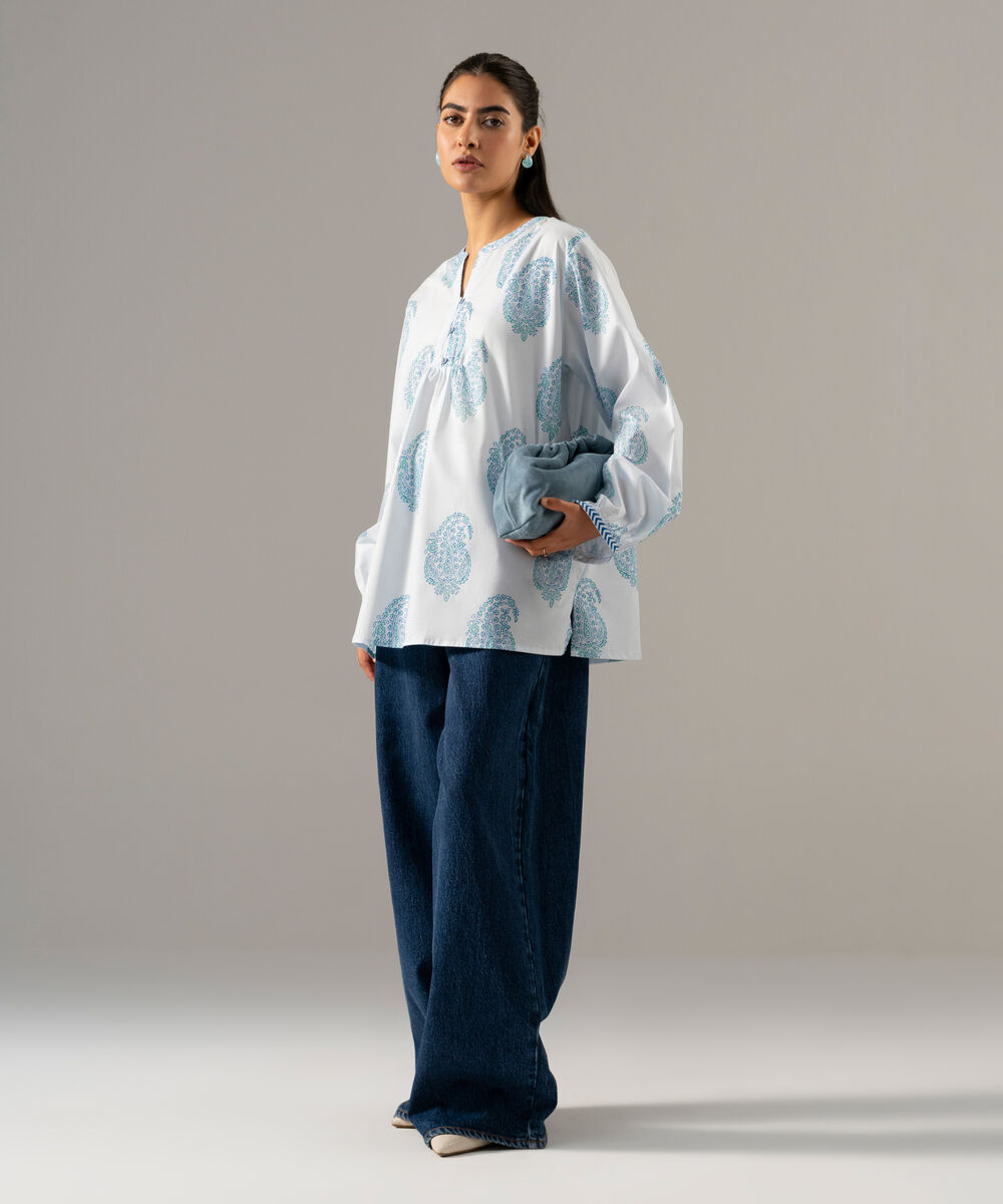 Women's RTW Lawn Printed Blue Straight Shirt