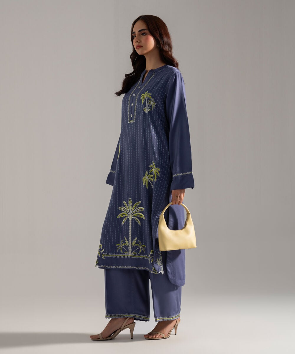 Women's RTW Solid Embroidered Blue Bedford Shirt