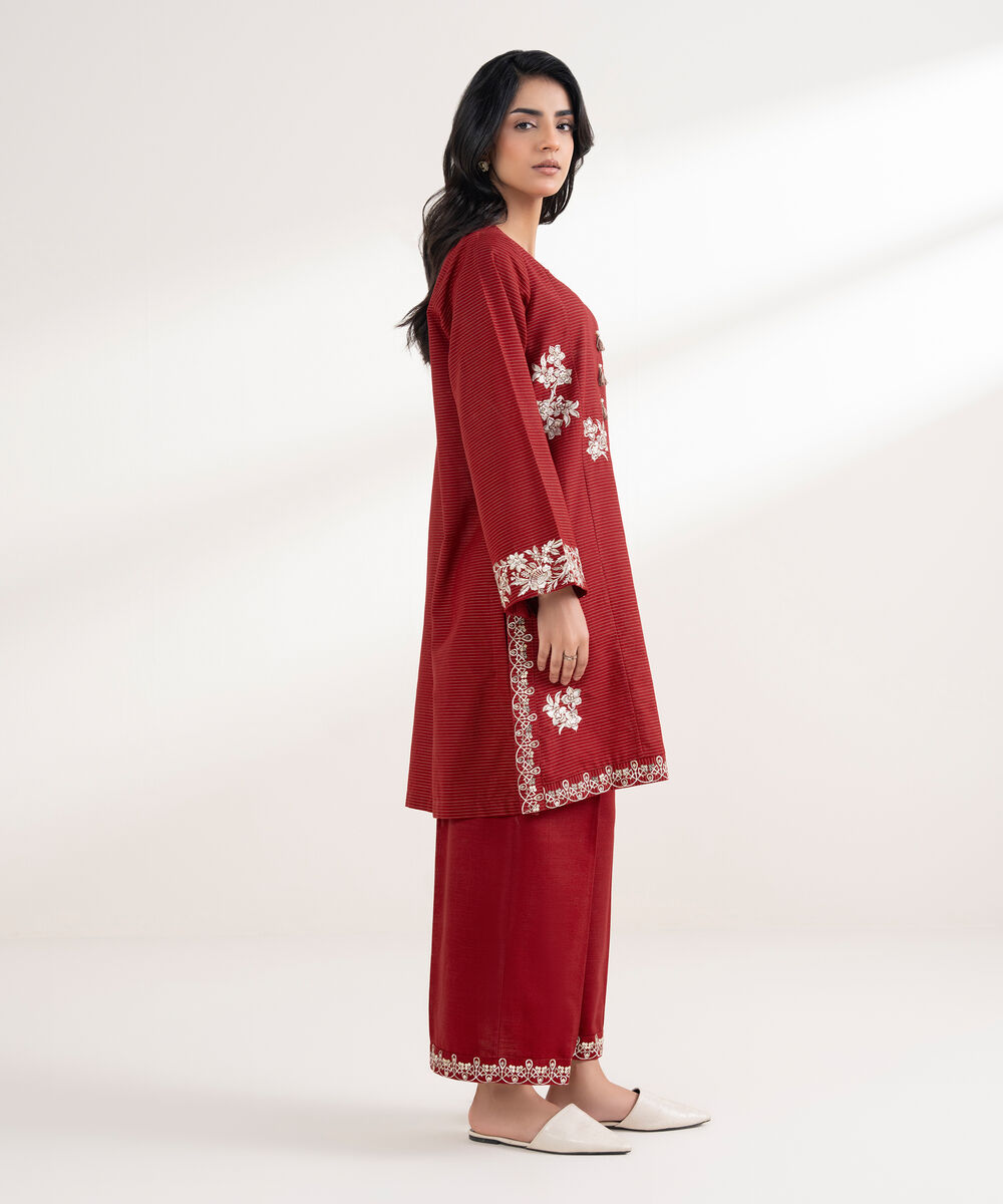Women's RTW Zari Khaddar Embroidered Red Straight Shirt