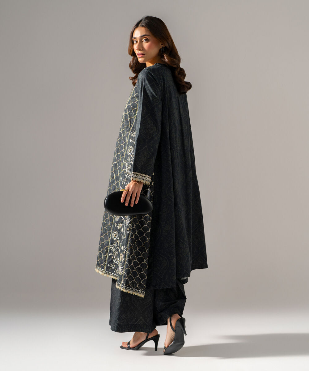 Women's RTW khaddar Printed Embroidered Black 2 Piece Suit