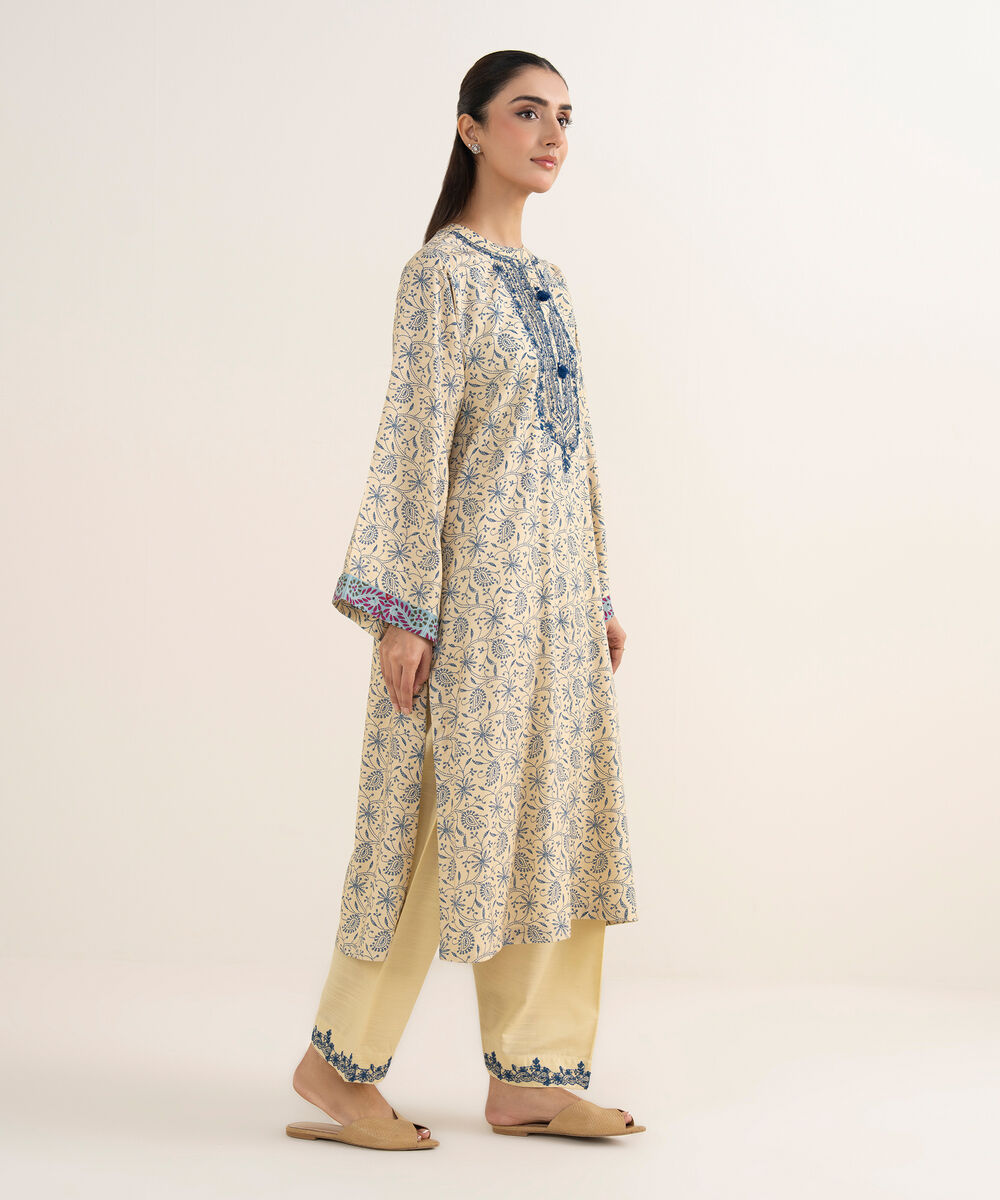 Women's RTW Herringbone Embroidered Cream White A-Line Shirt