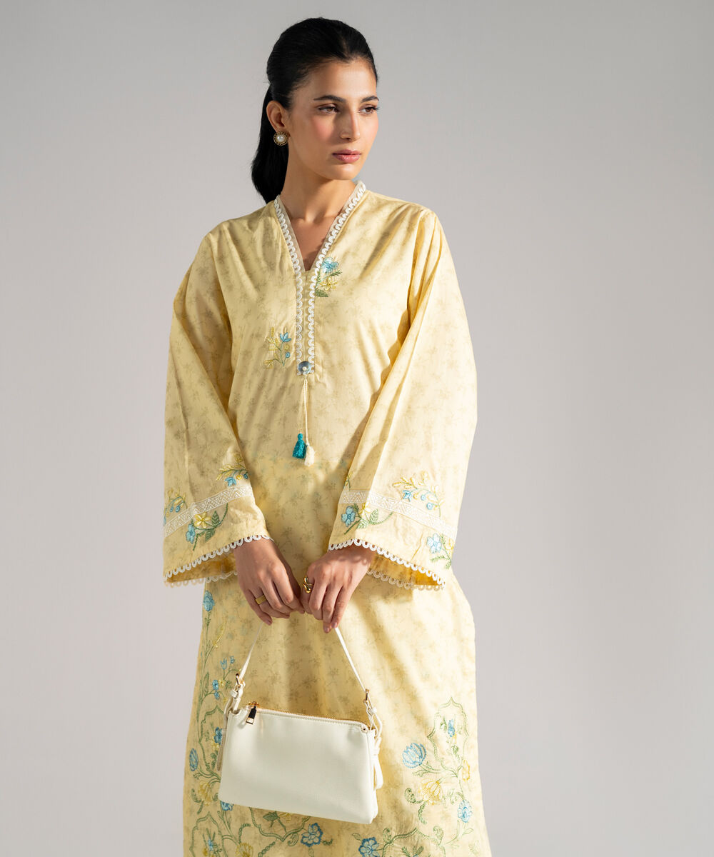 Women's RTW Lawn Embroidered Pale Yellow A-Line Shirt