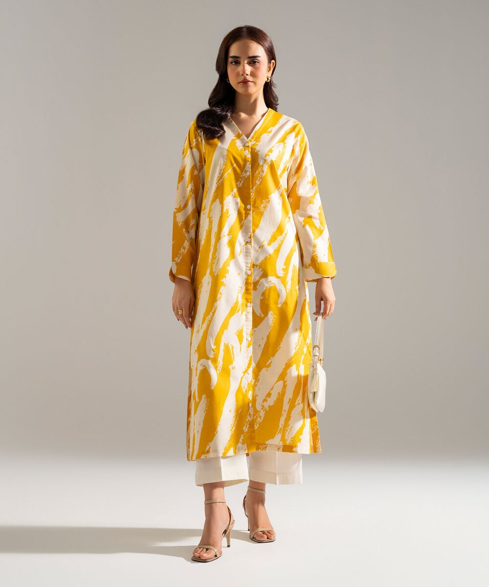 Women's RTW Slub Lawn Printed Yellow Straight Shirt
